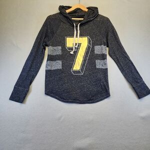 American Eagle Y2K Varsity Hoodie M Charcoal Gold 7 Graphic Retro Athleisure